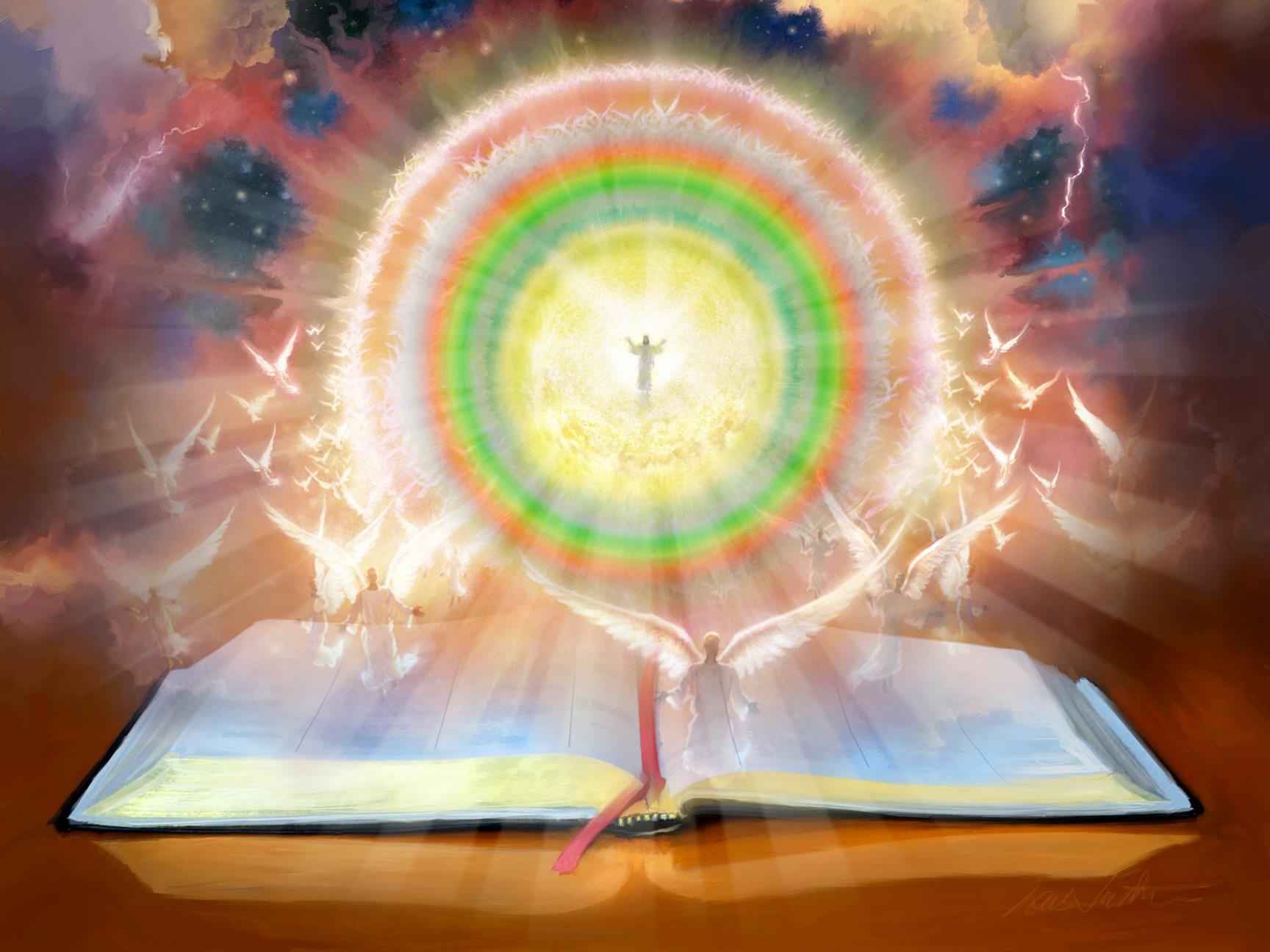 Painting of the Bible laying flat on a table, spread open, revealing a vision God and His angels coming in the clouds of glory, surrounded by a rainbow.